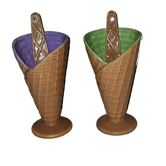 Waffle Cone Ice Cream Bowls with Spoons Pair Marked B&B Ceramic Fancy - Picture 1 of 8